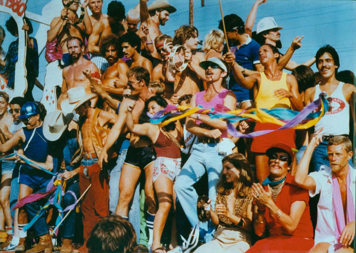 People on a float in a Los Angeles Christopher Street West (CSW) pride parade in 1980. | Image Credit: Courtesy of ONE Archives at the USC Libraries
